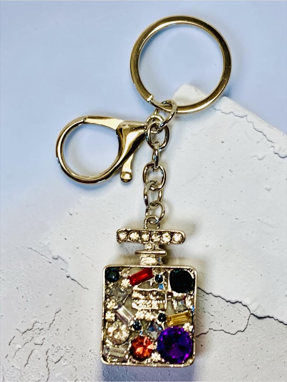 Silver-Tone Perfume Bottle Keychain with Multicolor Crystal Accents NWT